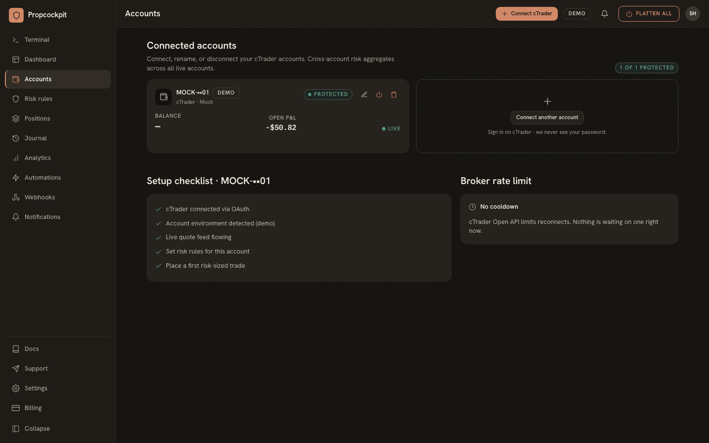 The Accounts page: one card per trading account with its balance, open profit and loss, and whether it is protected.