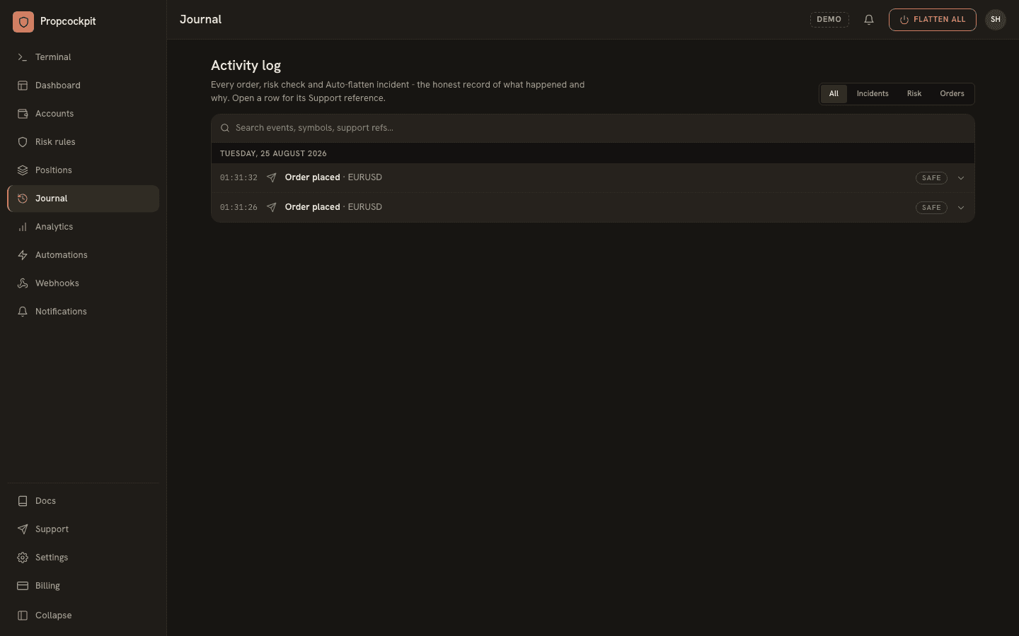 The Journal: entries for orders, refusals and risk decisions, each with a support reference.