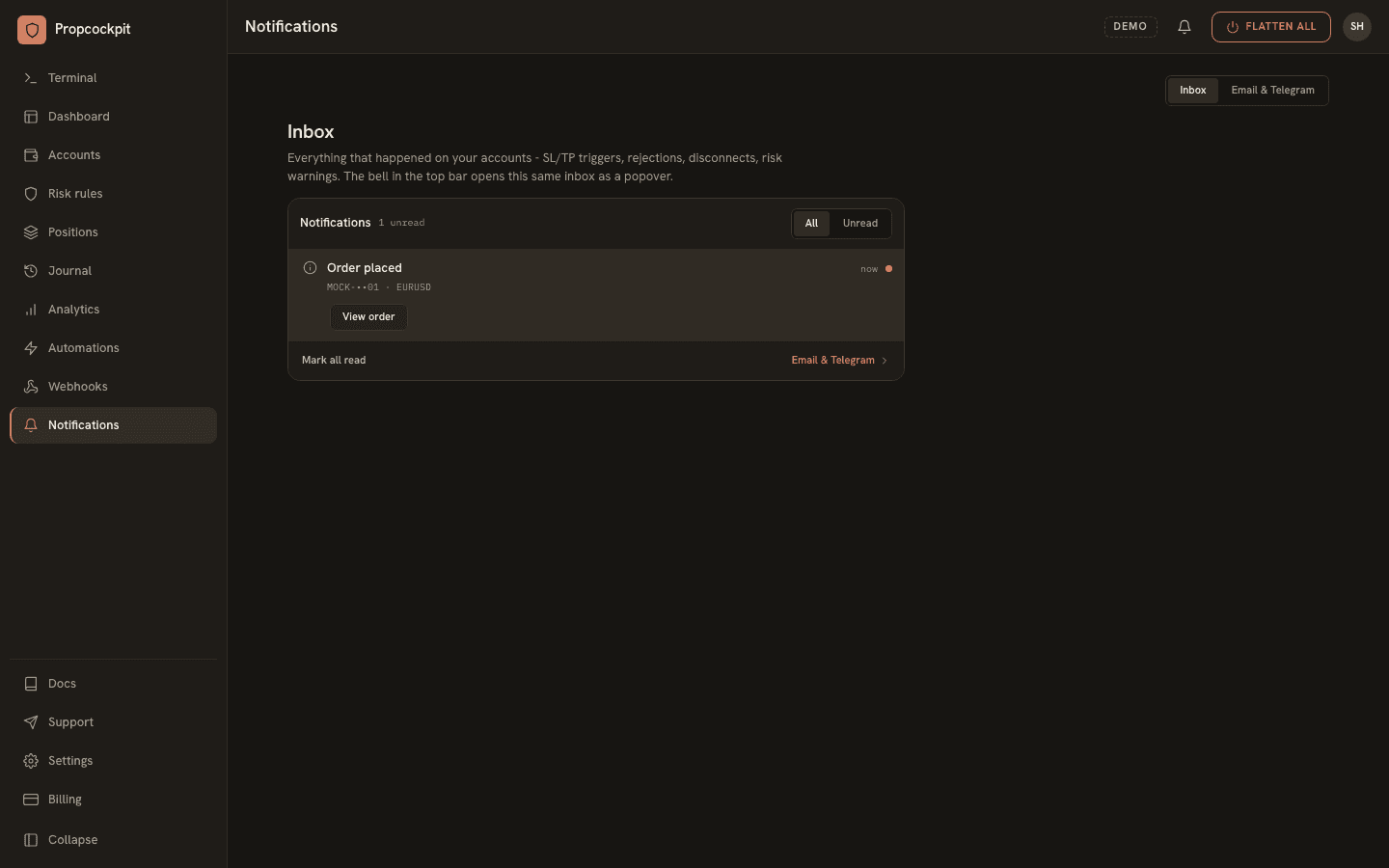 The Notifications page: the inbox, and the tab where each event's email and Telegram delivery is chosen.