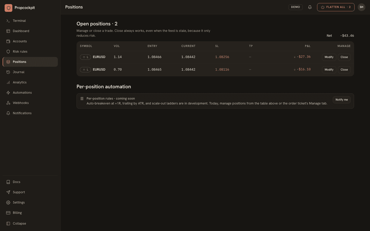 The Positions page: open positions with size, entry, stop, target and live profit and loss.