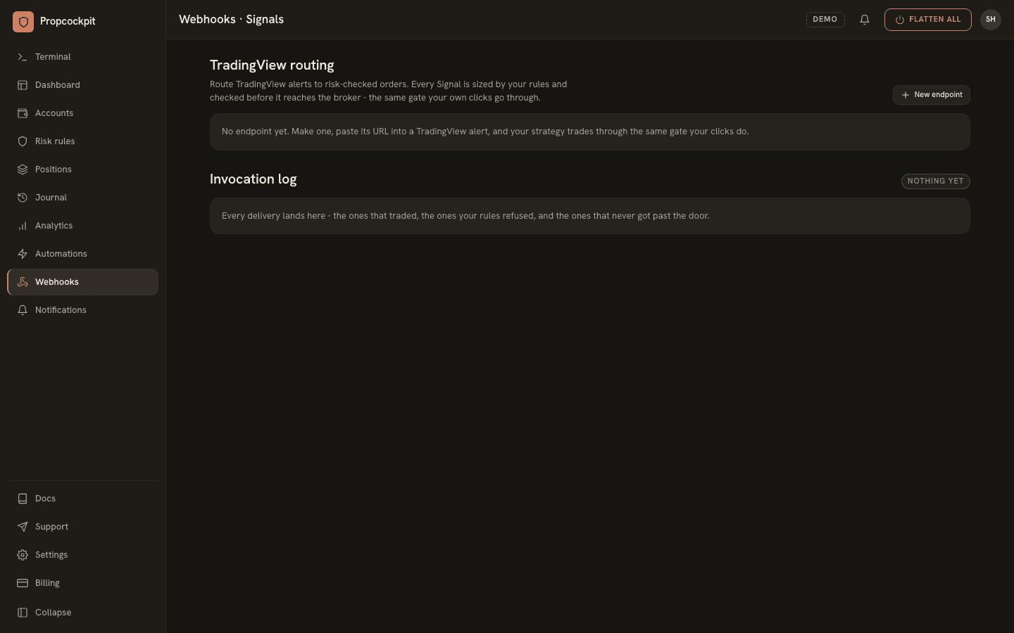 The Webhooks page: an endpoint with its URL and the log of deliveries it has received.